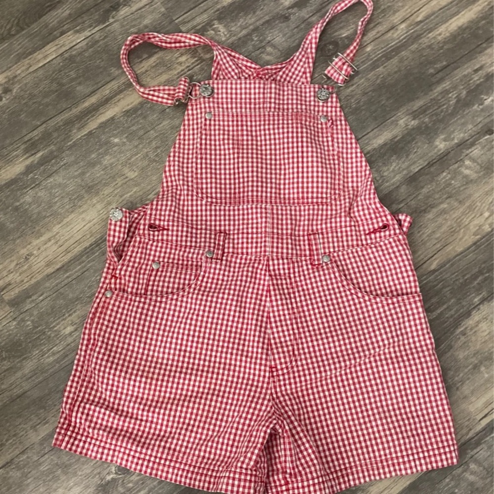 Red and white checked overall shorts